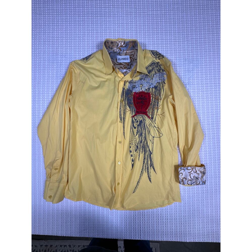 Avanti Yellow Graphic Button Up Shirt Embroidered Crest Bold Streetwear M